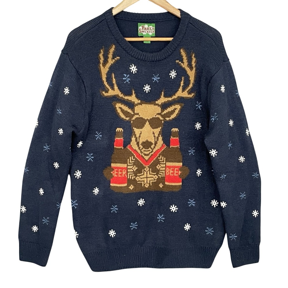 Mens Ugly Chistmas Party Sweater Size L Reindeer Beer Sunglasses Festive Novelty